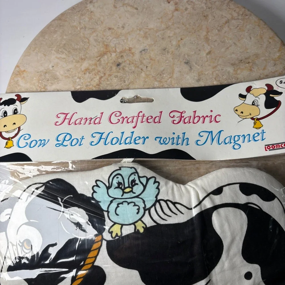 VTG Loomco Cow Pot Holder OS White Black Vintage 1994 Fabric Magnet Farmhouse